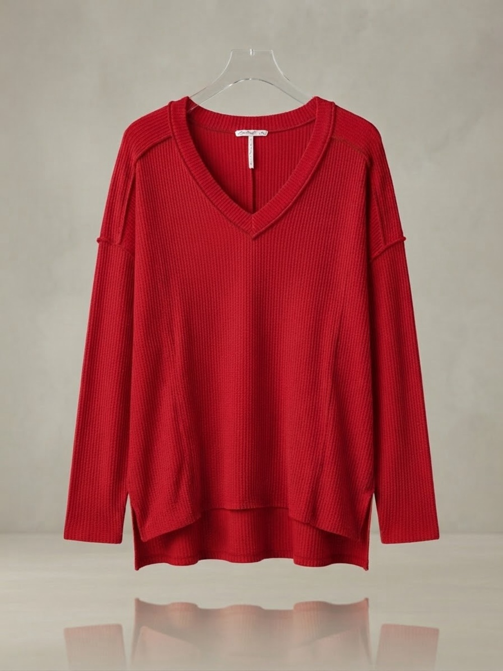 Zenana Crimson Red V-Neck Waffle Knit Sweater
